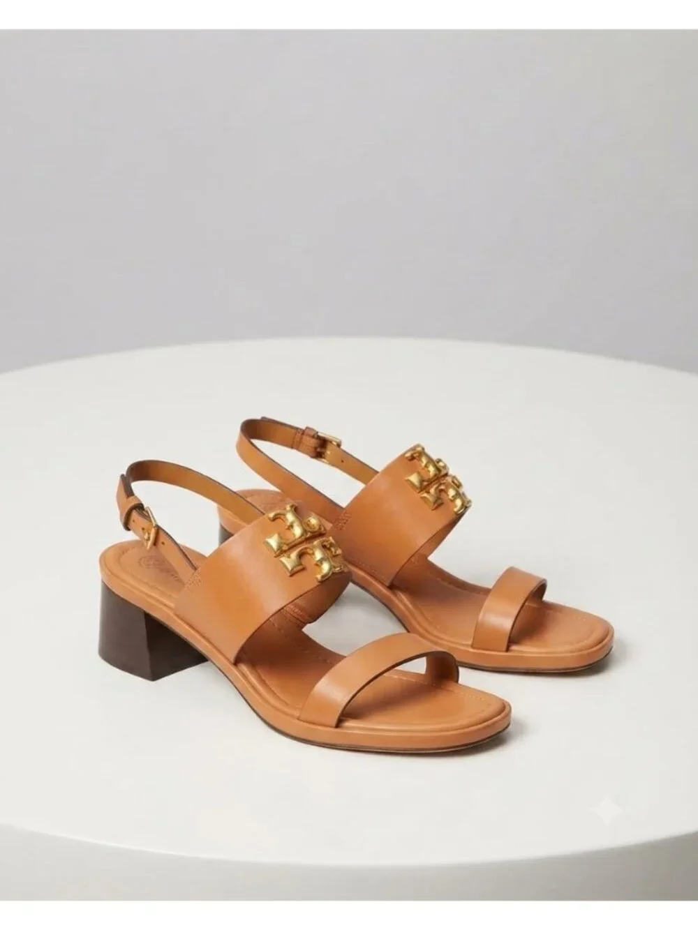 Tory Burch Eleanor Slingback Sandals Women's Brown Leather Block Heel Open Toe